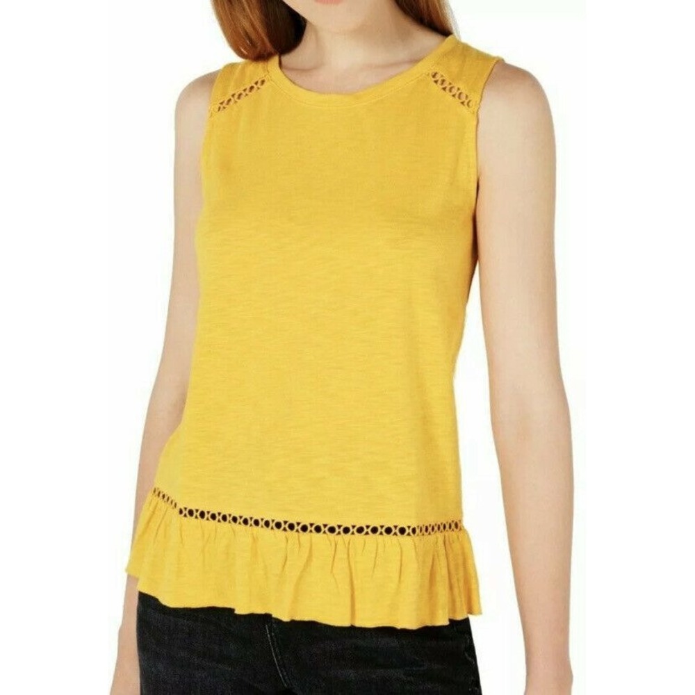 Maison Jules Top Tank Ruffle Hem Eyelet Lace Golden Yellow Sz‎ S NEW NWT